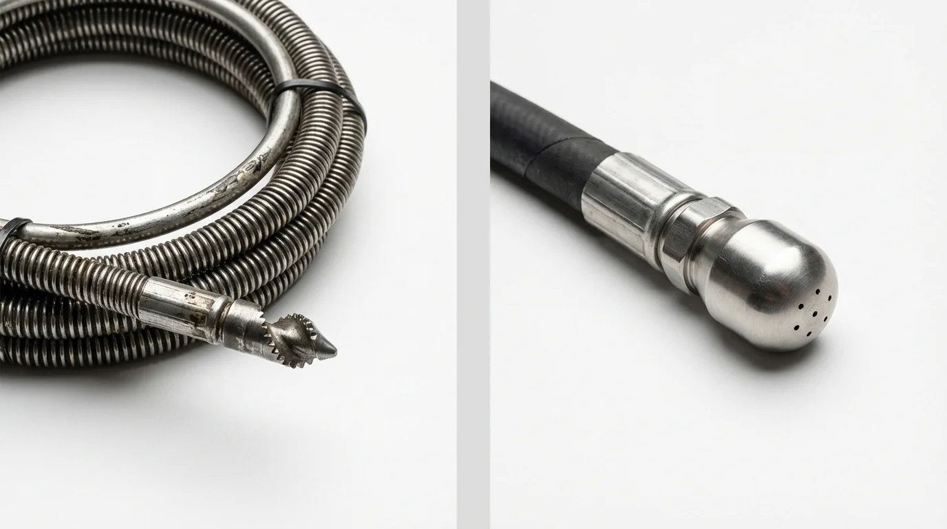 Drain snake cable and hydro jetting nozzle used for drain cleaning in Waukomis, OK