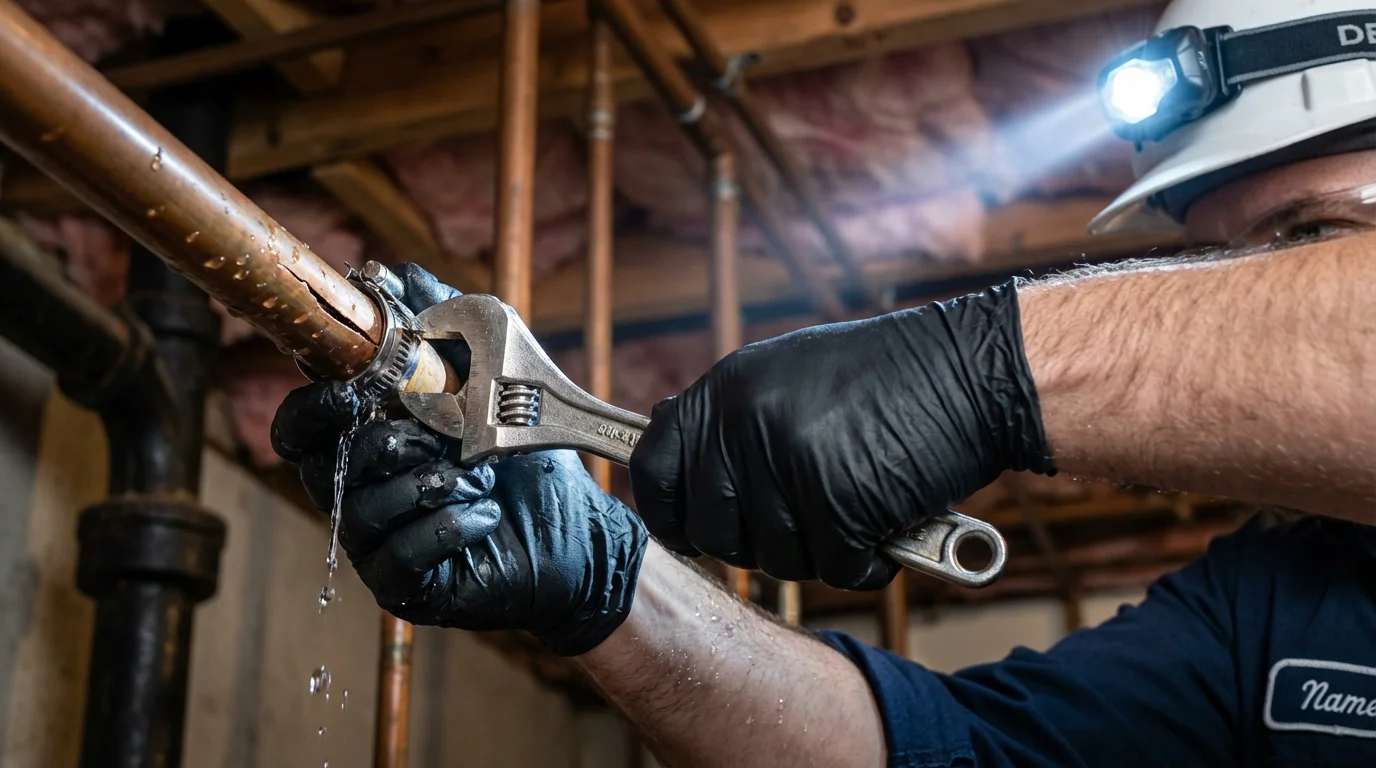 Emergency pipe clamp repair being performed by a Johns Plumbing LLC plumber in Waukomis