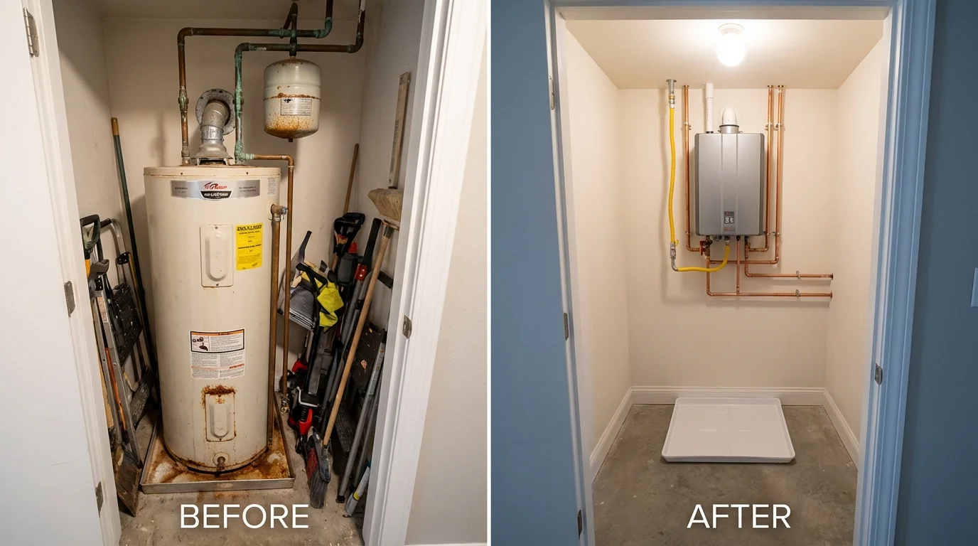 Tank water heater versus wall-mounted tankless unit comparison for Waukomis, OK homeowners