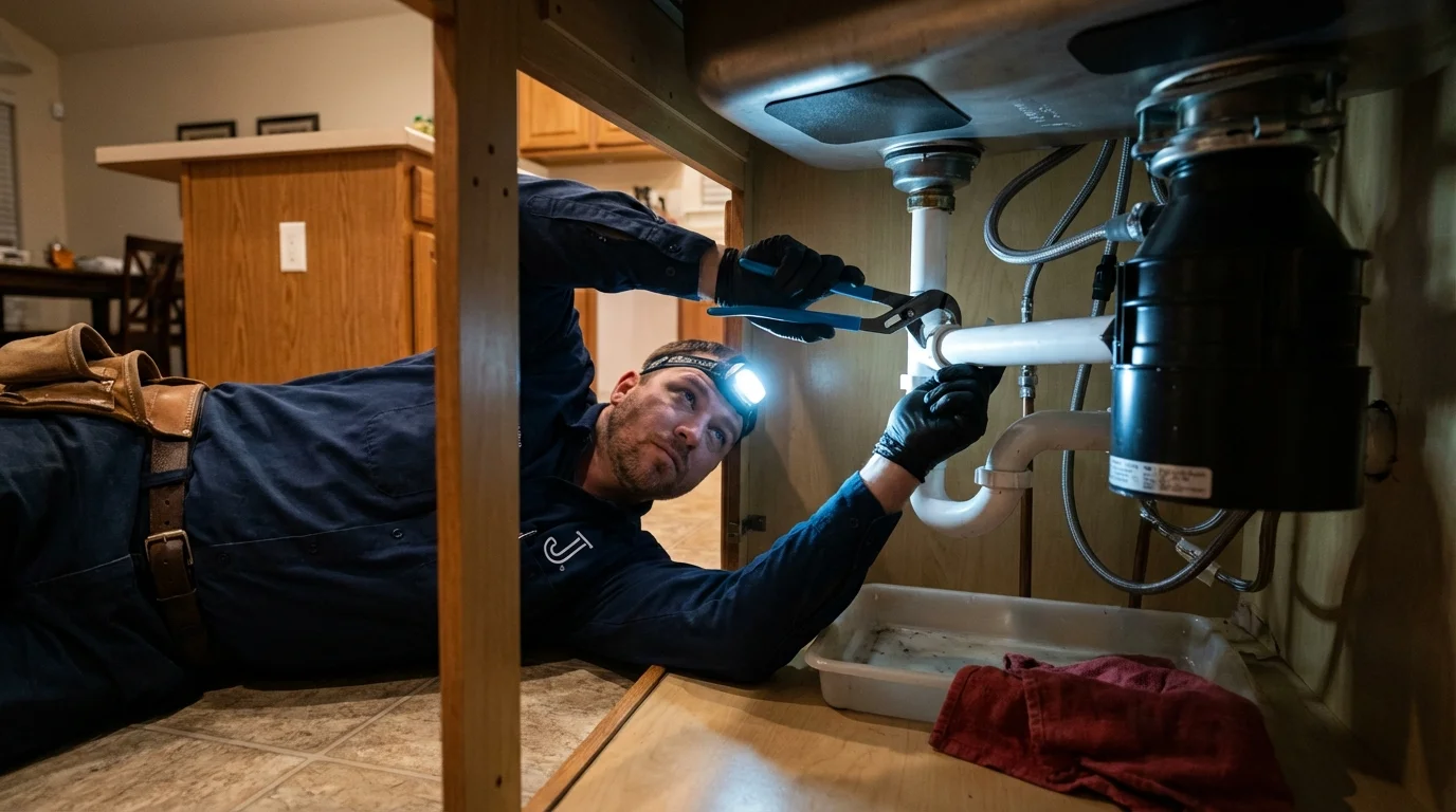 P-trap and supply line connections under a kitchen sink showing a common leak point in Waukomis, OK